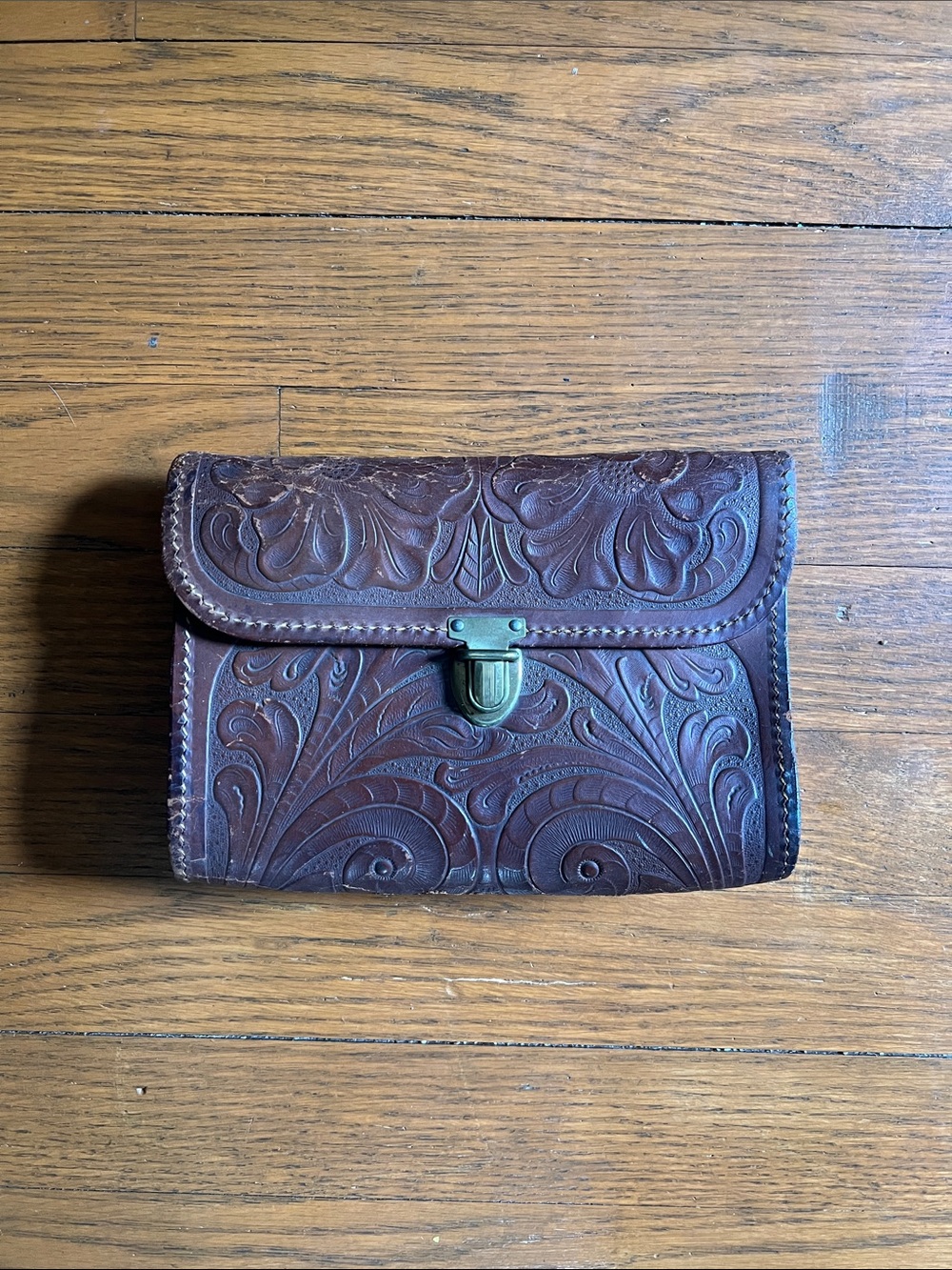 Vintage Leather Tooled Clutch - Brown